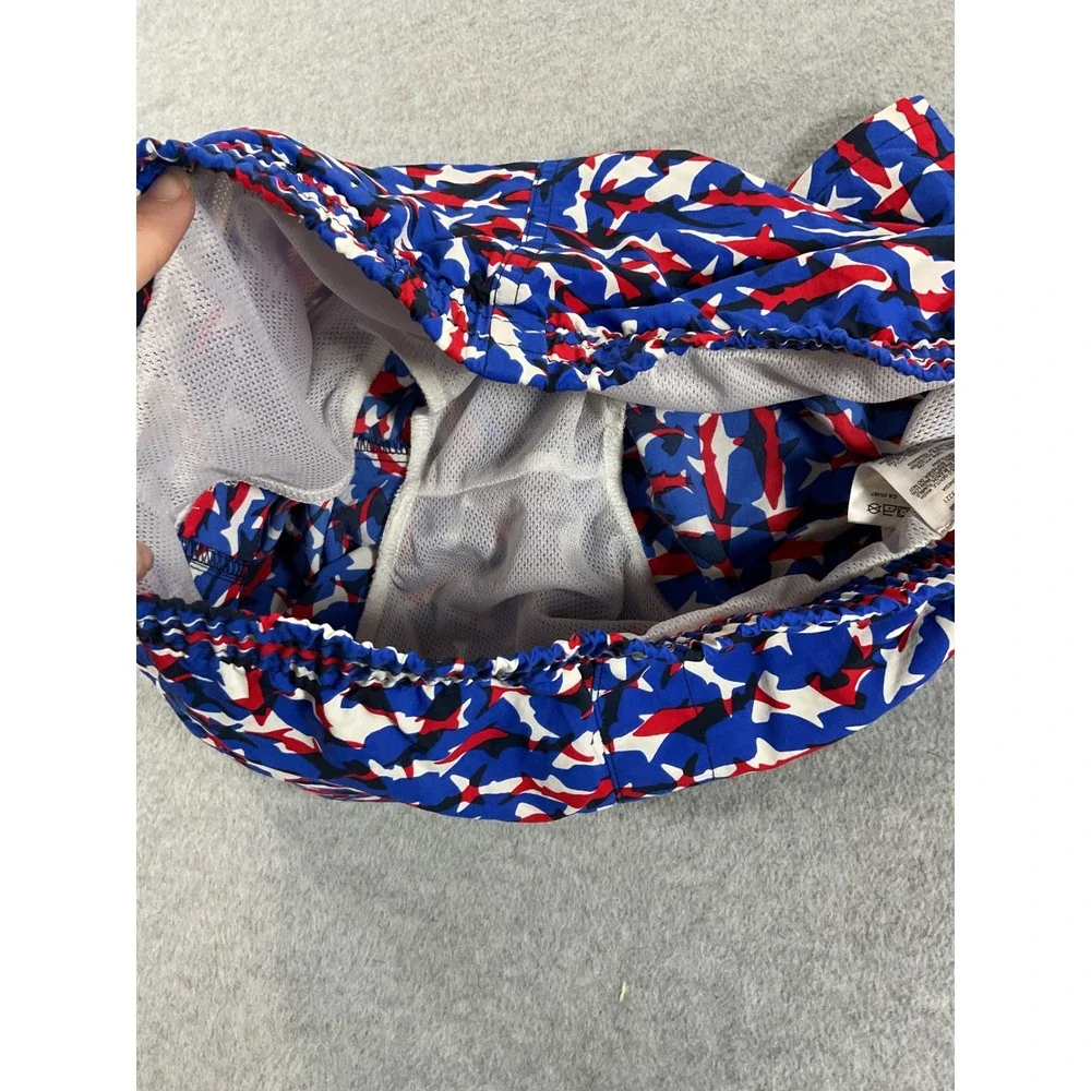 Columbia PFG Mens Shark Print Swim Trunks Red White Blue L 14/16 Omni-Shade 2655